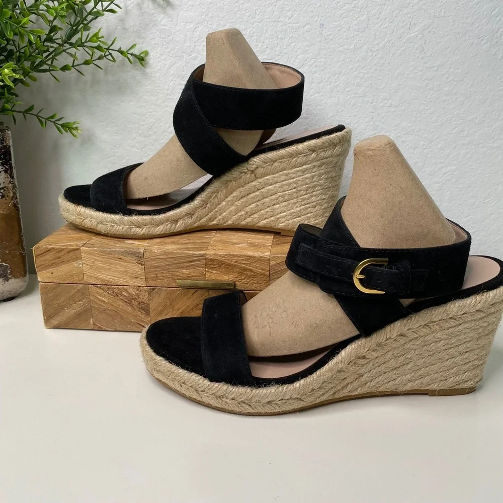 Stuart Weitzman Lexia Espadrille Wedge‎ Sandal Ankle Strap Black Suede Size 8